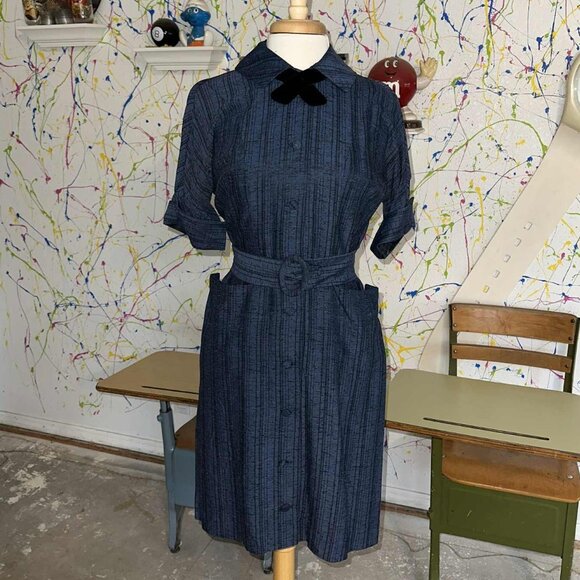 Vintage 1950s Blue Day Dress with Faux Belt, Pockets, and Black Velvet Bow - Picture 1 of 5